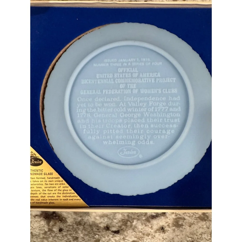 Fenton Bicentennial Plate George Washington Valley Forge Powder Blue Glass Boxed